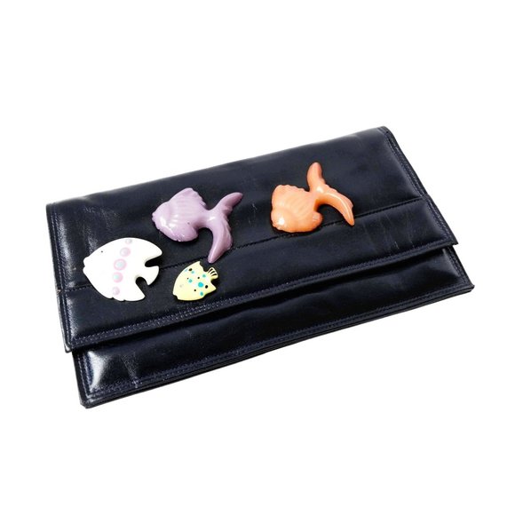 Cara Navy Clutch Bag Custom Fish Sea Pinned Purse Vintage Accessories - Picture 1 of 11